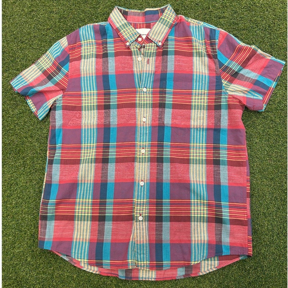 American Eagle Mens Large Plaid Short Sleeve Button Down Shirt Red Blue Yellow